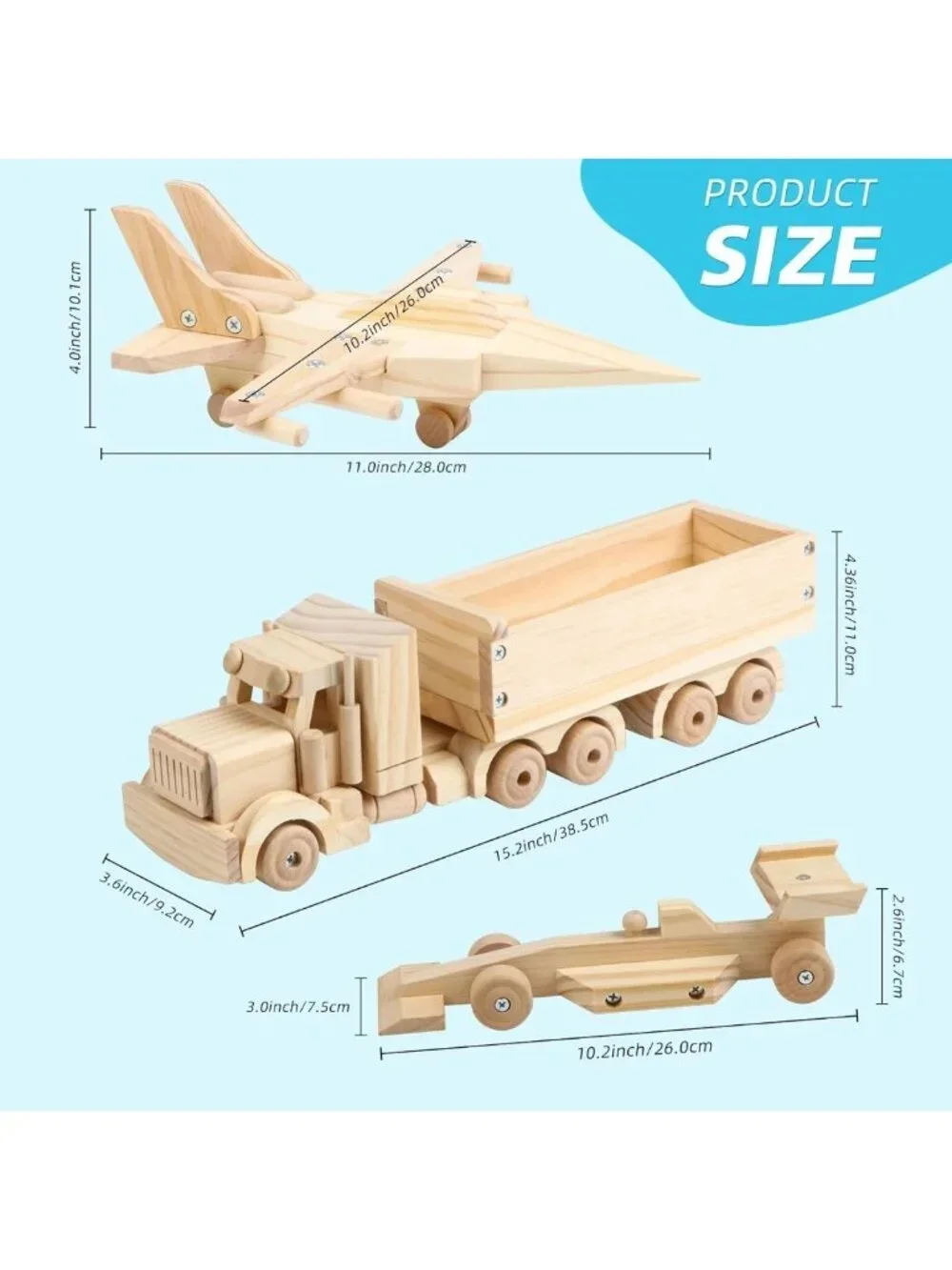 DIY Wooden Model Building Kit - 3 Pack Fighter Jet, Truck, Race Car - Arts